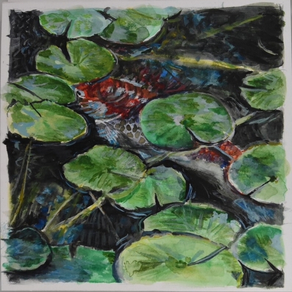 Koi Fish and Lilypads - Original Handpainted Watercolor Painting - 8" by 8" - Picture 4 of 5